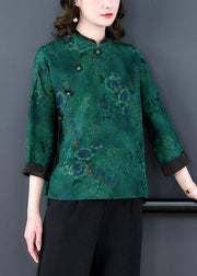 Vintage Green Stand Collar Print Button Patchwork Silk Top Spring