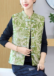 Vintage Green Stand Collar Print Button Silk Waistcoat Sleeveless