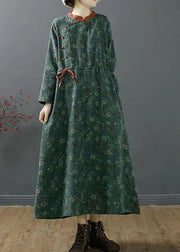 Vintage Green Stand Collar Print Patchwork Cotton Dress Fall