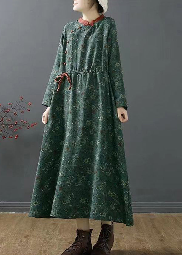 Vintage Green Stand Collar Print Patchwork Cotton Dress Fall