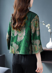 Vintage Green Stand Collar Print Patchwork Silk Shirt Spring