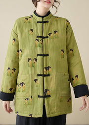 Vintage Green Stand Collar Print Pockets Parkas Winter