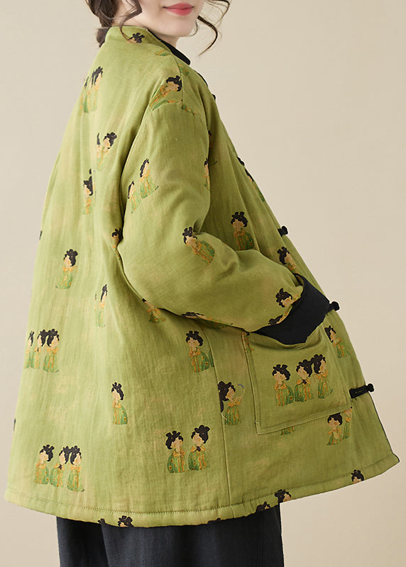 Vintage Green Stand Collar Print Pockets Parkas Winter