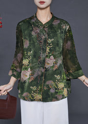 Vintage Green Stand Collar Print Silk Shirt Tops Summer