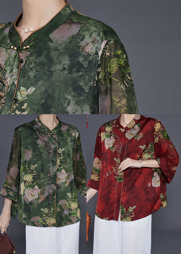 Vintage Green Stand Collar Print Silk Shirt Tops Summer