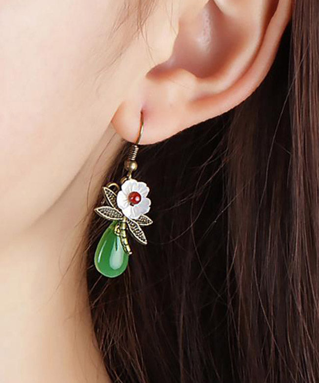 Vintage Green Sterling Silver Agate Shell Flower Cloured Glaze Dragonfly Drop Earrings