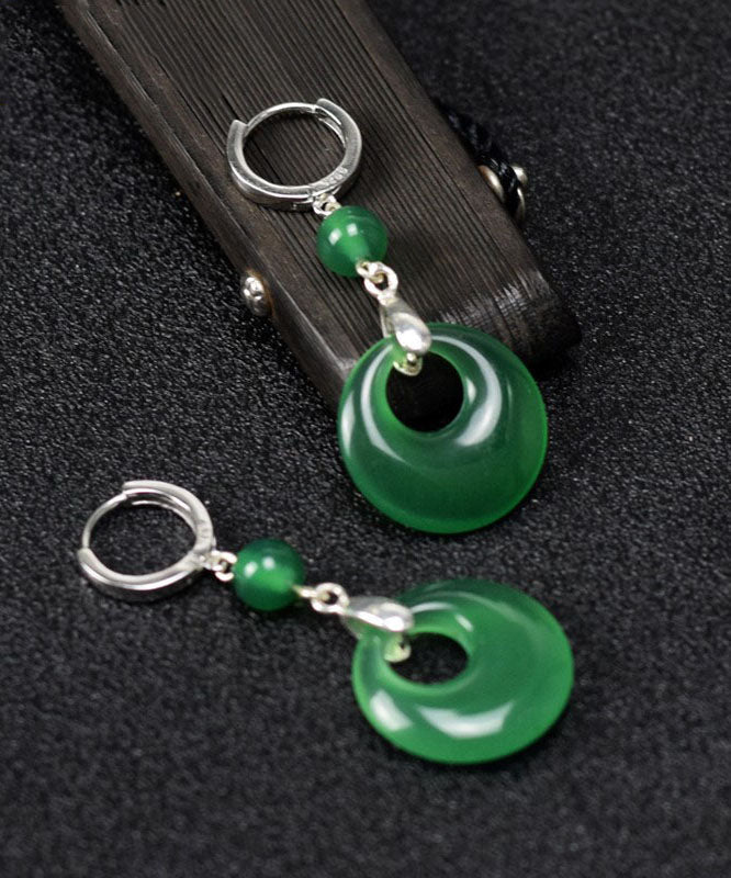 Vintage Green Sterling Silver Inlaid Chalcedony Drop Earrings