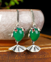 Vintage Green Sterling Silver Inlaid Gem Stone Chalcedony Goldfish Drop Earrings