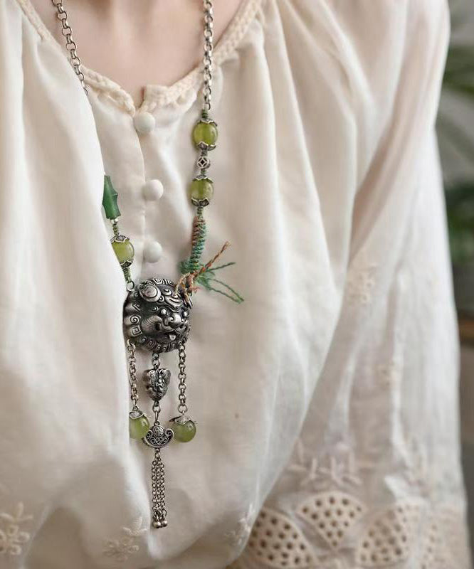 Vintage Green Sterling Silver Jade Tassel Lariat Necklace