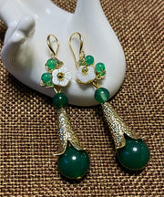 Vintage Green Sterling Silver Overgild Jade Agate Shell Flower Drop Earrings