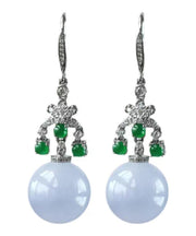 Vintage Green Sterling Silver Zircon Jade Ball Drop Earrings