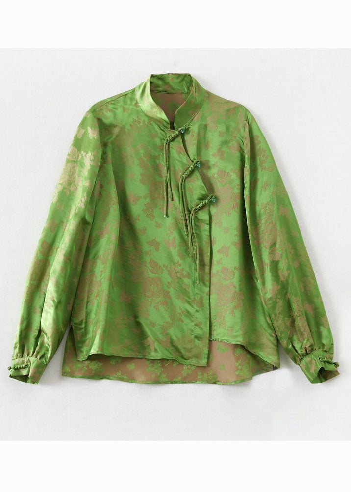 Vintage Green Tasseled Chinese Button Jacquard Patchwork Silk Shirt Spring