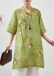 Vintage Green Tasseled Print Linen Oriental Dress Summer