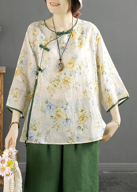 Vintage Green Tasseled Print Linen Shirt Spring