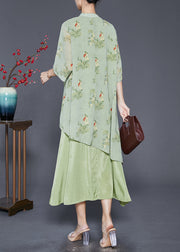 Vintage Green Tasseled Print Silk Long Dresses Summer