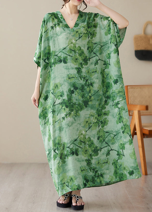 Vintage Green V Neck Print Maxi Beach Dress Short Sleeve