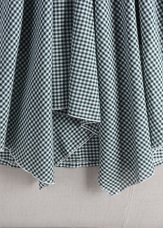 Vintage Green White Plaid Asymmetrical High Waist Cotton A Line Skirt Fall