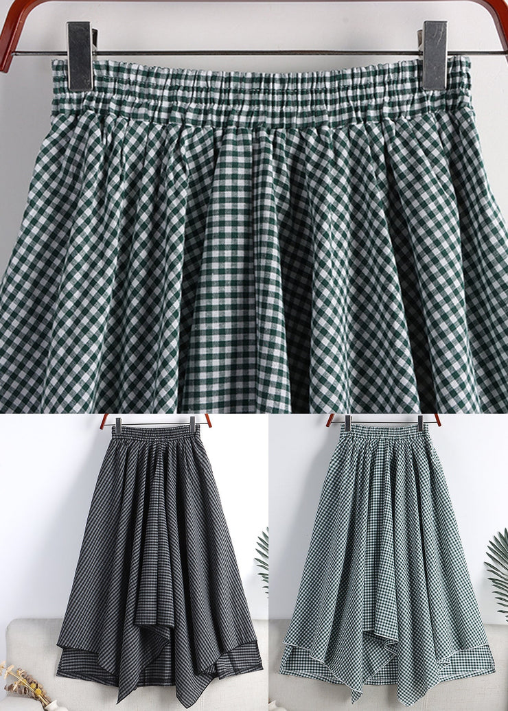 Vintage Green White Plaid Asymmetrical High Waist Cotton A Line Skirt Fall