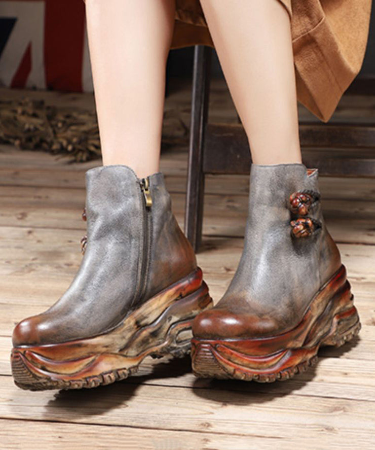 Vintage Grey Cowhide Hollow Out Splicing Zipper Leather Boots