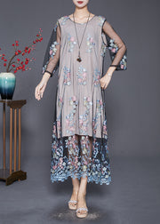 Vintage Grey Embroideried Hollow Out Tulle Maxi Dresses Fall