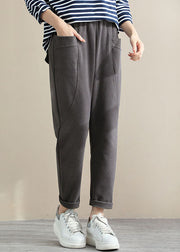 Vintage Grey High Waist Pockets Cotton Crop Pants Spring