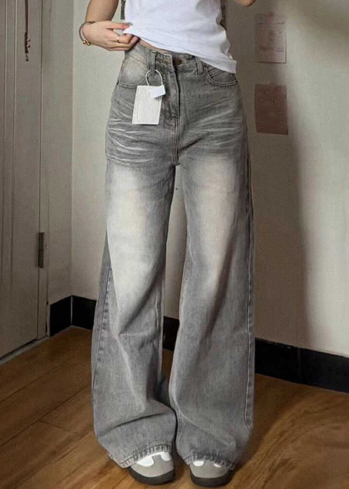 Vintage Grey Pockets High Waist Denim Wide Leg Pants Fall