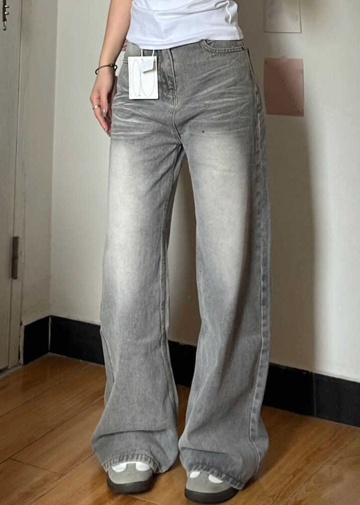 Vintage Grey Pockets High Waist Denim Wide Leg Pants Fall