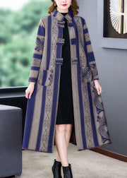 Vintage Grey Striped Side Open Button Patchwork Woolen Coats Fall