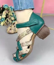 Vintage Hollow Out Splicing Chunky Sandals Green Genuine Leather Print