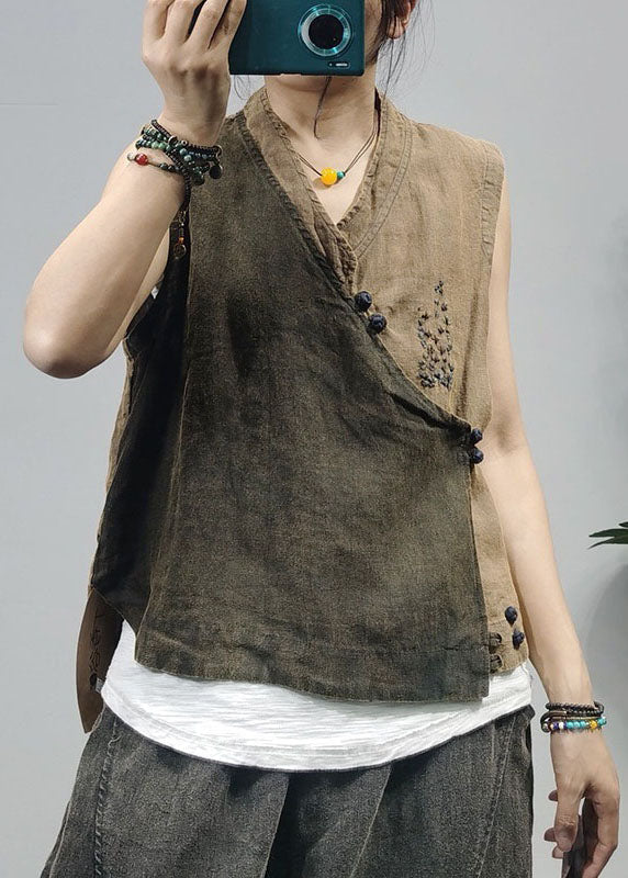 Vintage Khaki Chinese Button Patchwork Linen Vest Top Sleeveless