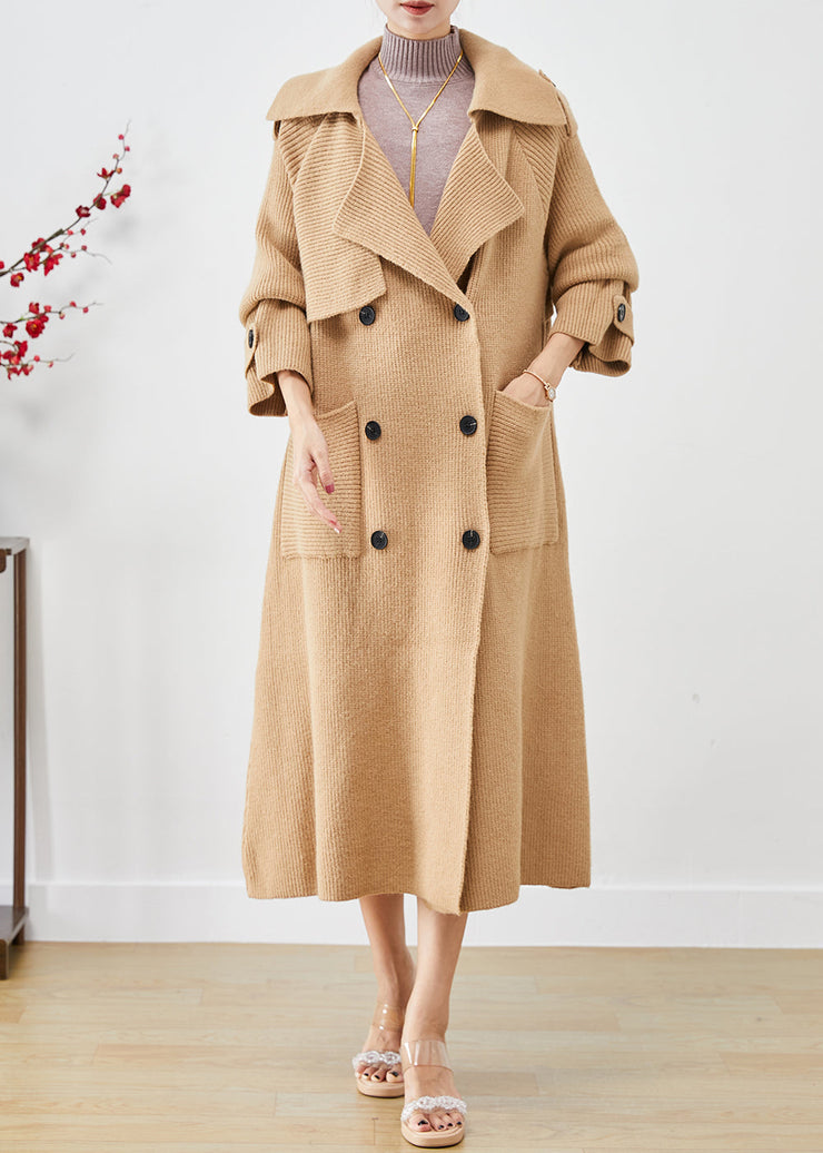 Vintage Khaki Double Breast Pockets Knit Trench Coats Fall