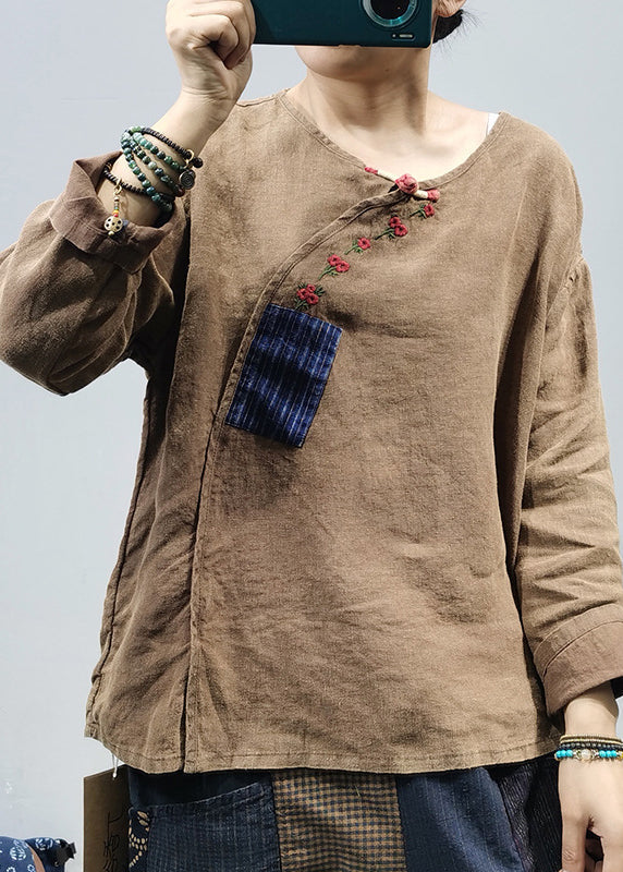 Vintage Khaki O-Neck Embroideried Patchwork Linen Top Long Sleeve