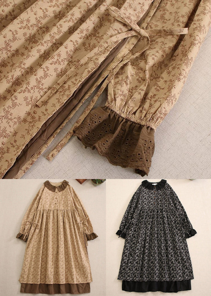 Vintage Khaki Print Lace Up Cotton Long Dresses Long Sleeve