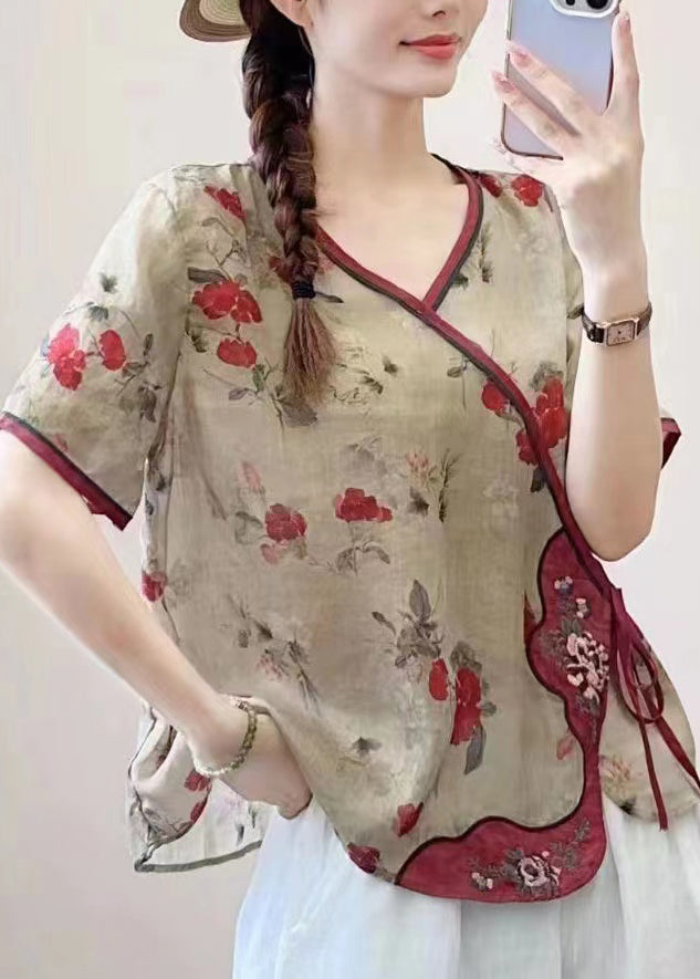 Vintage Khaki V Neck Print Lace Up Patchwork Linen Top Summer