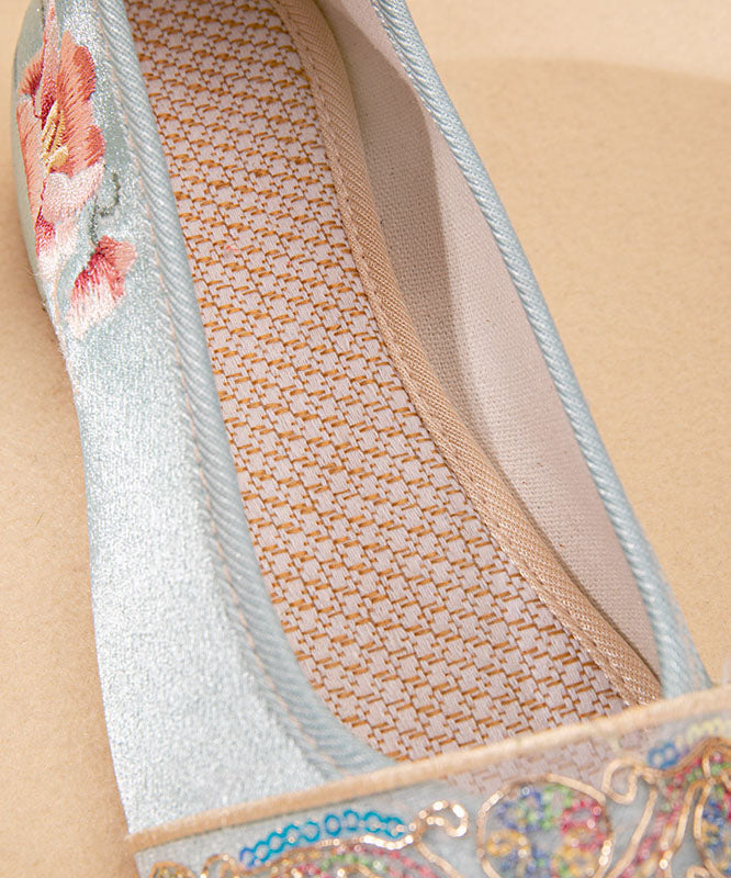 Vintage Light Blue Satin Embroideried Shoes Splicing Wedge Pointed Toe