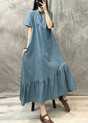 Vintage Light Blue Stand Collar Patchwork Denim Dress Summer