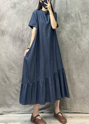 Vintage Light Blue Stand Collar Patchwork Denim Dress Summer