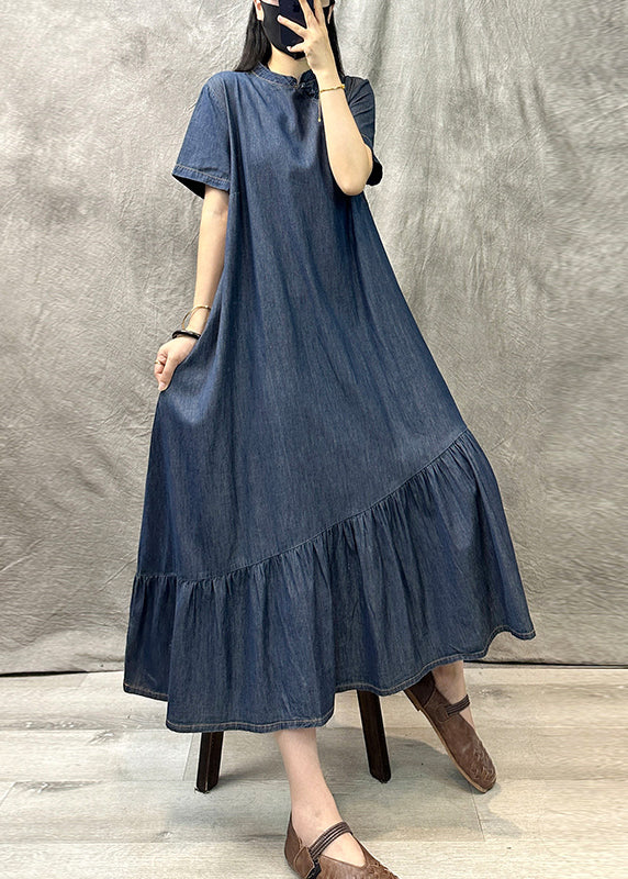 Vintage Light Blue Stand Collar Patchwork Denim Dress Summer