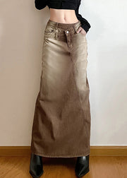 Vintage Light Brown Asymmetrical Side Open Denim Skirt Fall