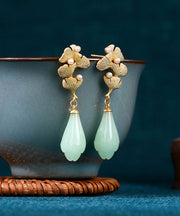 Vintage Light Green Copper Overgild Pearl Ginkgo Leaf Water Drop Drop Earrings