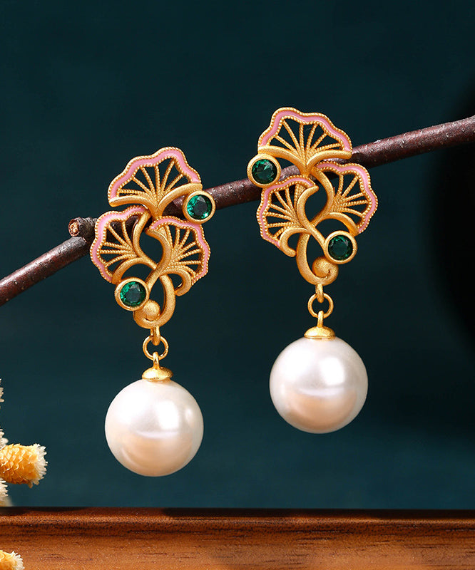 Vintage Light Green Copper Overgild Pearl Ginkgo Leaf Water Drop Drop Earrings