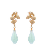 Vintage Light Green Copper Overgild Pearl Ginkgo Leaf Water Drop Drop Earrings