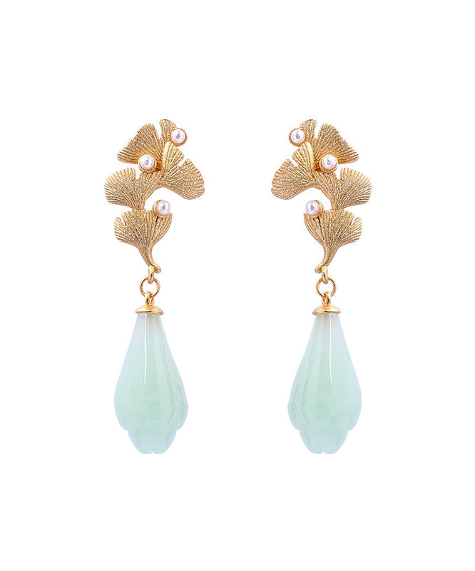 Vintage Light Green Copper Overgild Pearl Ginkgo Leaf Water Drop Drop Earrings