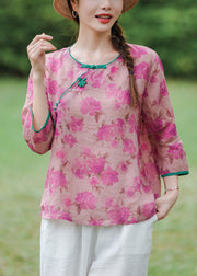 Vintage Pink Floral Linen Shirts Bracelet Sleeve