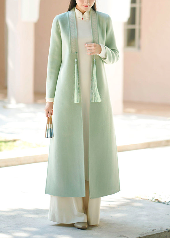 Vintage Light Green Tasseled Pockets Side Open Woolen Coat Fall