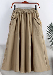 Vintage Light Khaki Button Pockets Faux Leathe A Line Skirts Summer