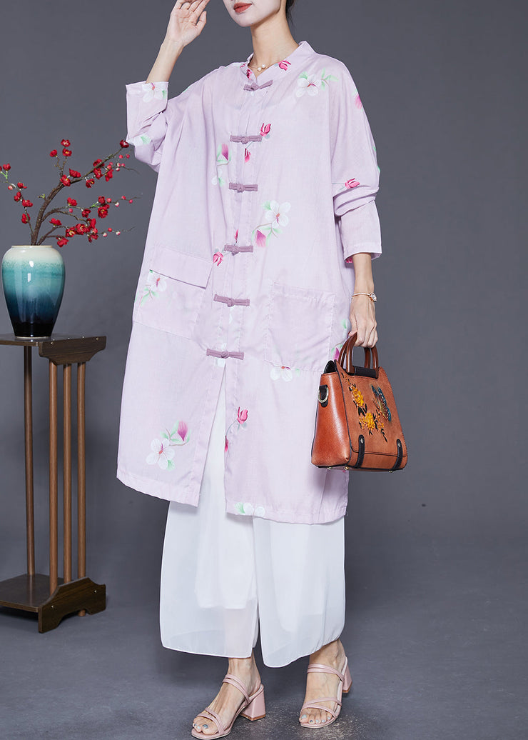 Vintage Light Purple Print Chinese Button Linen Shirt Dress Fall