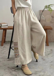 Vintage Linen Embroidered Pockets Elastic Waist Cotton Wide Leg Pants Summer