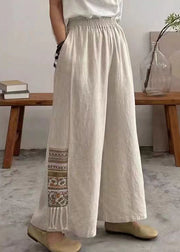 Vintage Linen Embroidered Pockets Elastic Waist Cotton Wide Leg Pants Summer