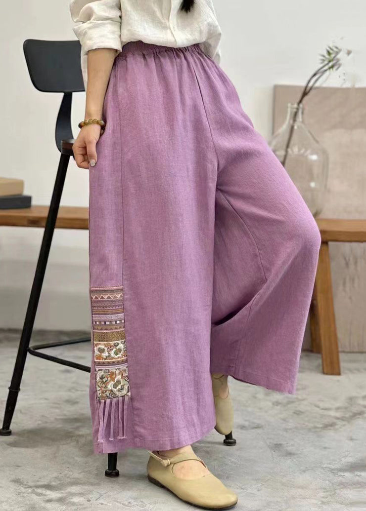 Vintage Linen Embroidered Pockets Elastic Waist Cotton Wide Leg Pants Summer